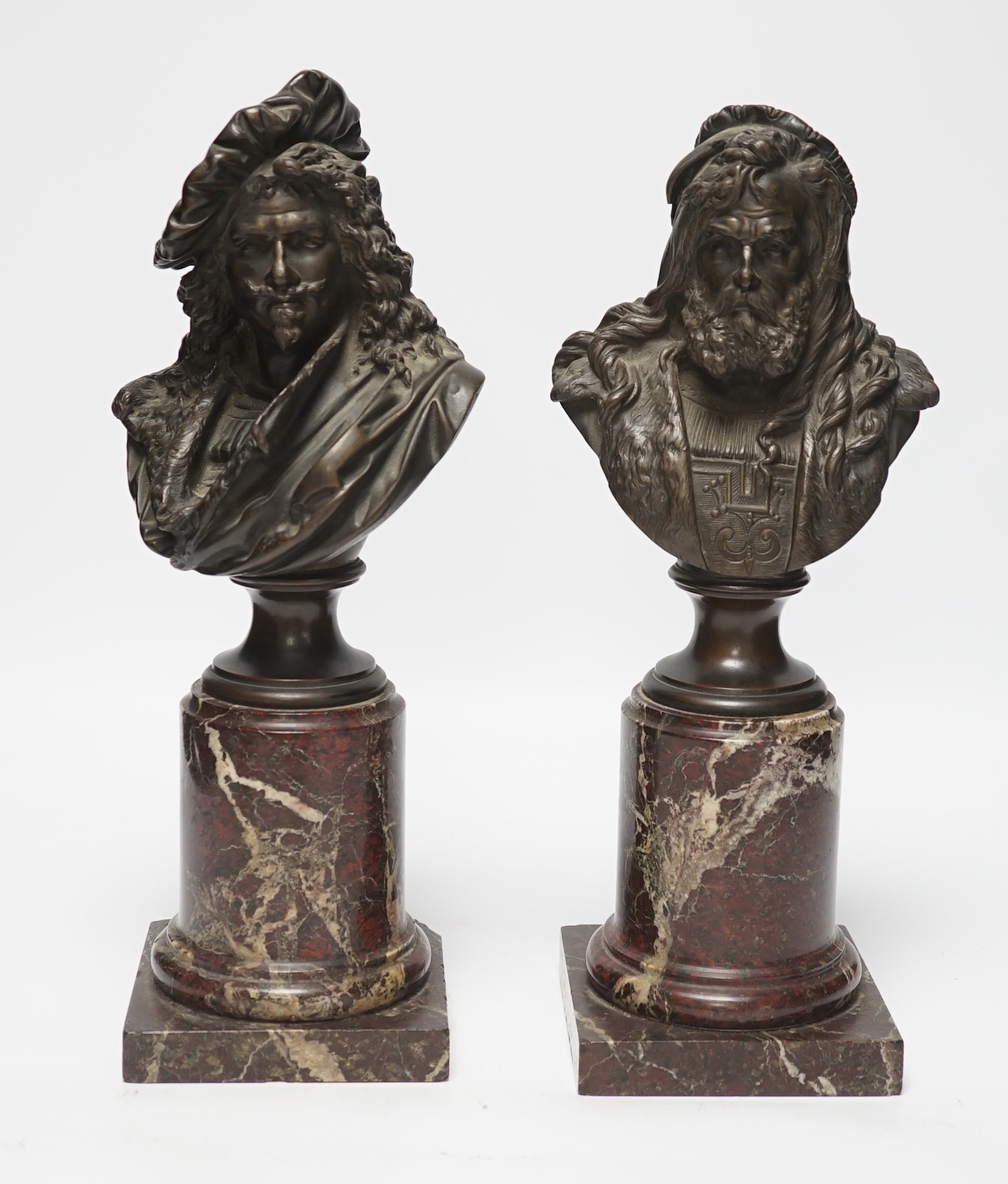 Albert-Ernest Carrier-Belleuse (1824-1887). A pair of late 19th century busts of the artists Albrecht Durer and Rembrandt, on marble columns, 33cm